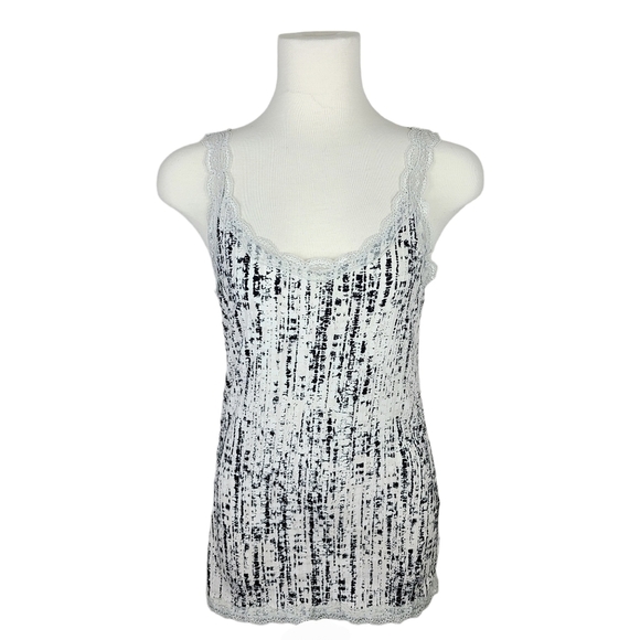 CALVIN Klein Black, Gray & White Lace Trim Abstract Print Tank Top Medium - Picture 1 of 16